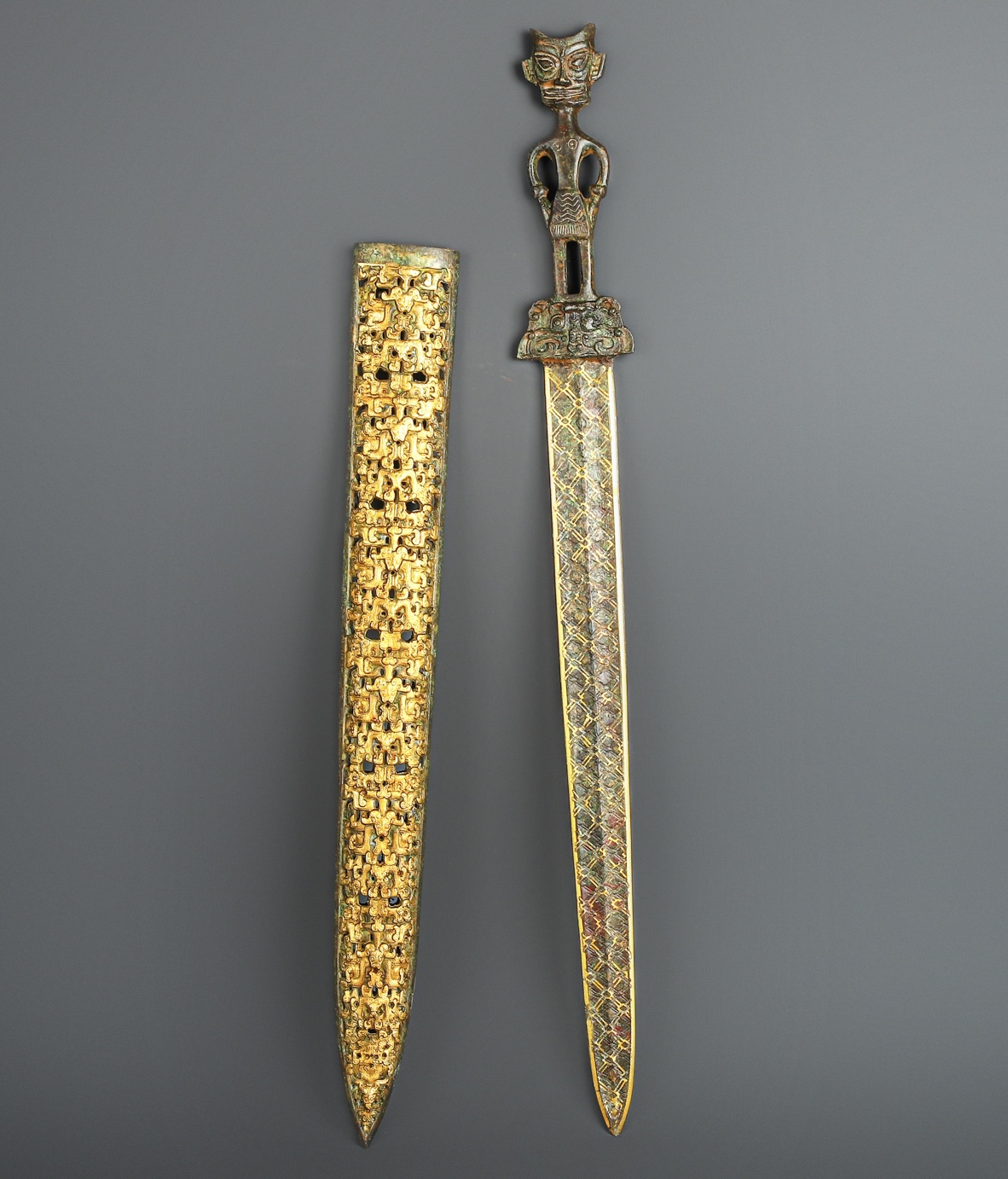 Han Dynasty Bronze three star stacked sword with gold inscriptions