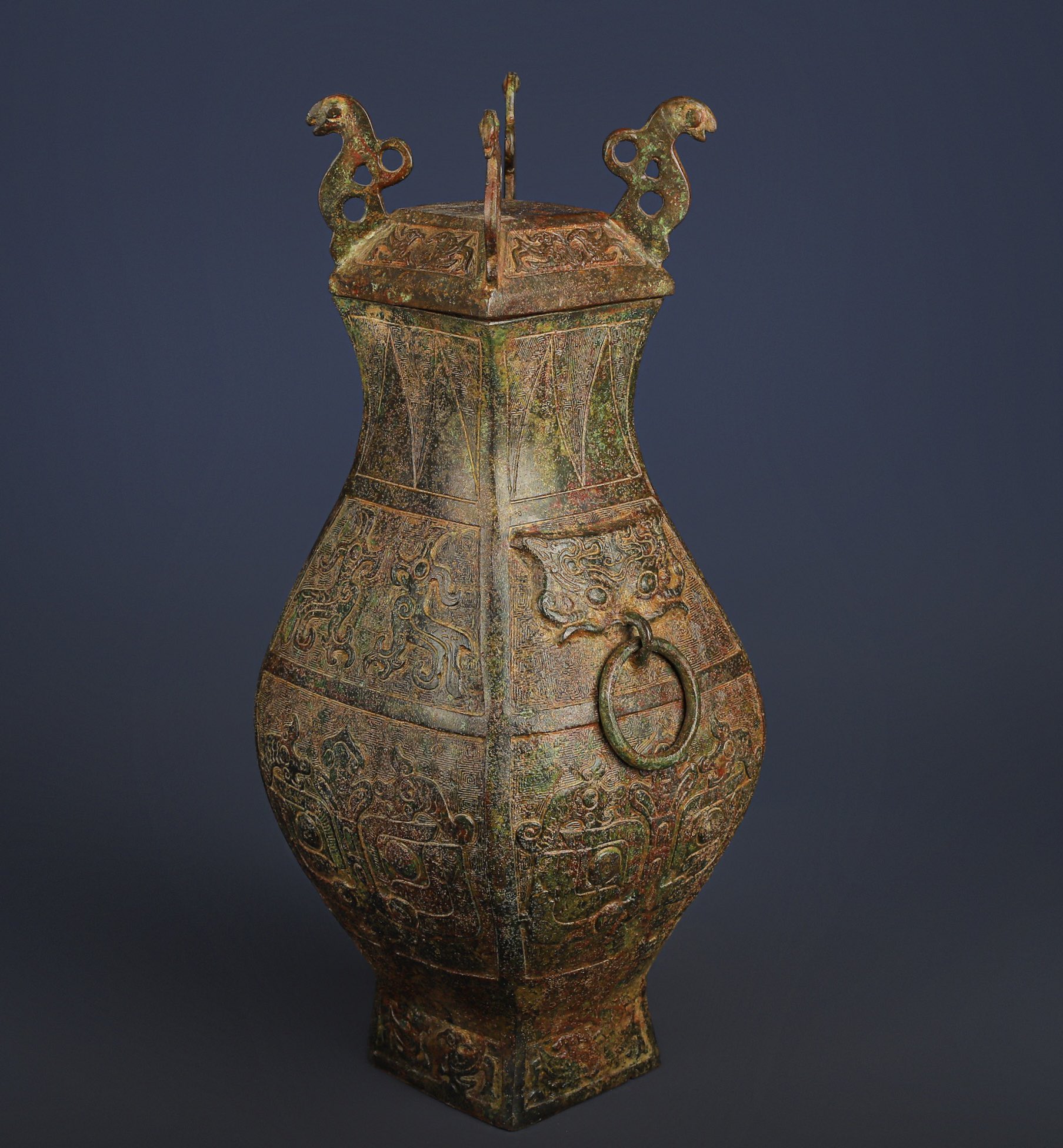 Han Dynasty Bronze square vase with dragon and phoenix patterns