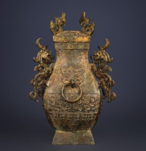 Han Dynasty Bronze square vase with four dragons inscription