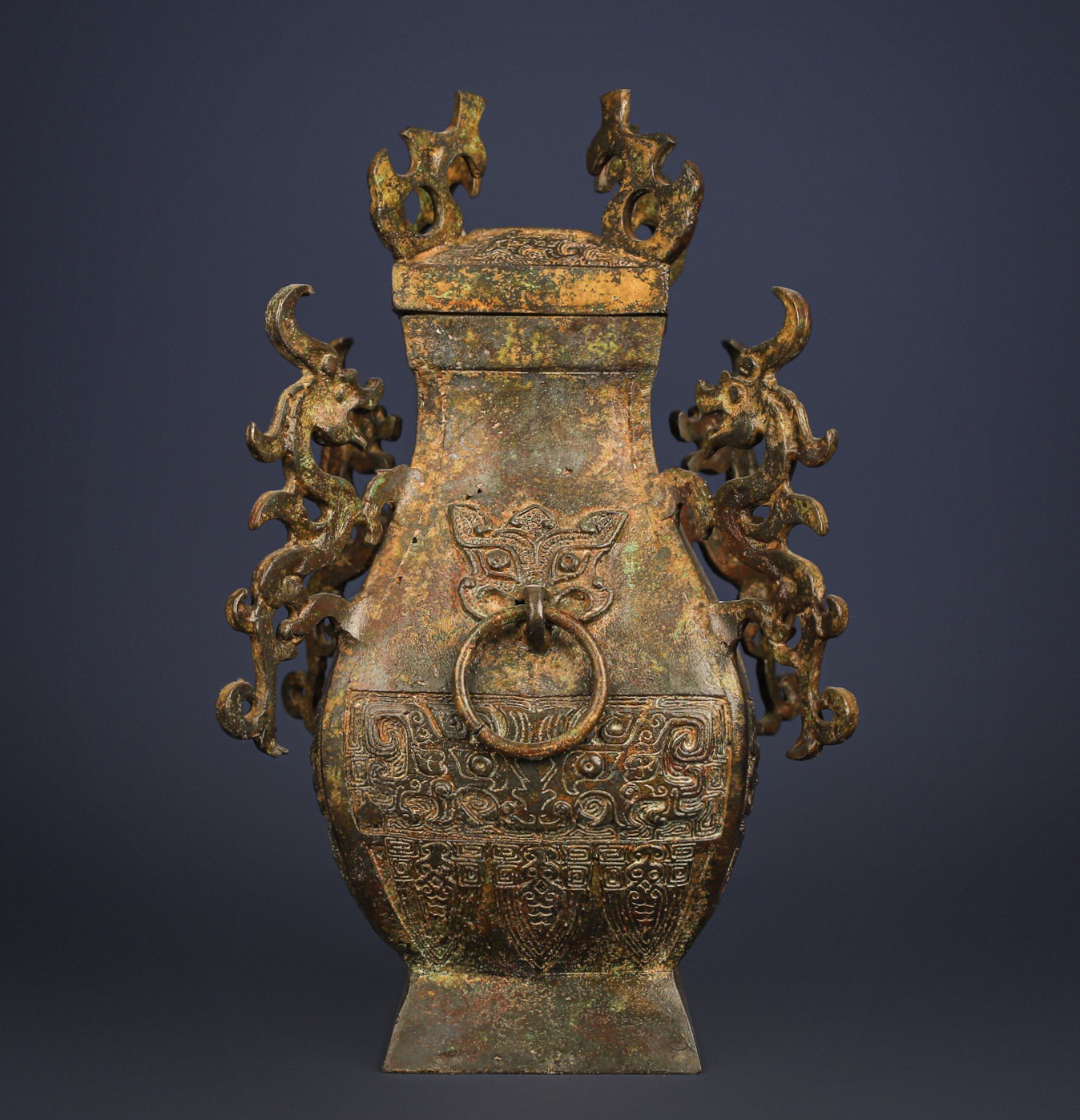 Han Dynasty Bronze square vase with four dragons inscription