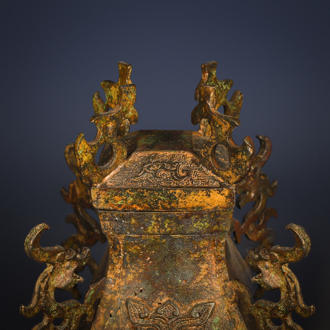 Han Dynasty Bronze square vase with four dragons inscription