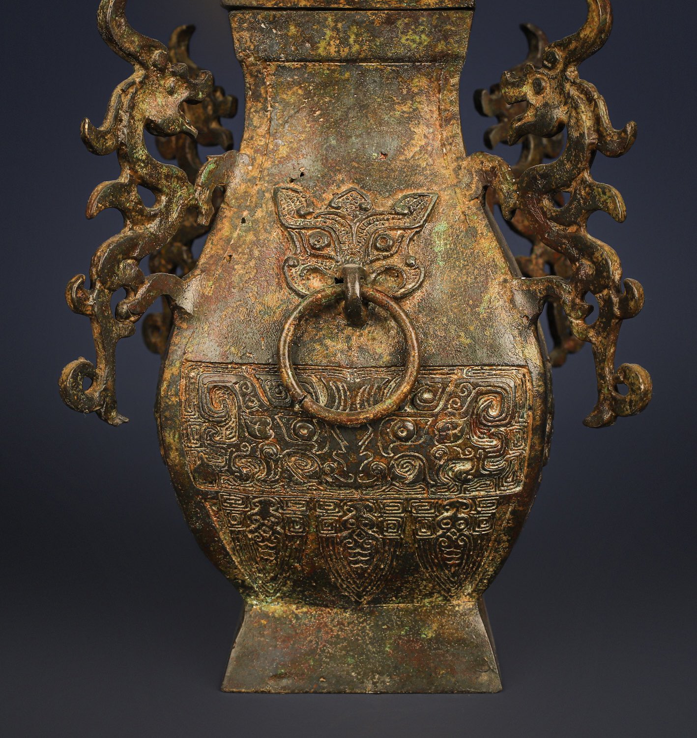 Han Dynasty Bronze square vase with four dragons inscription