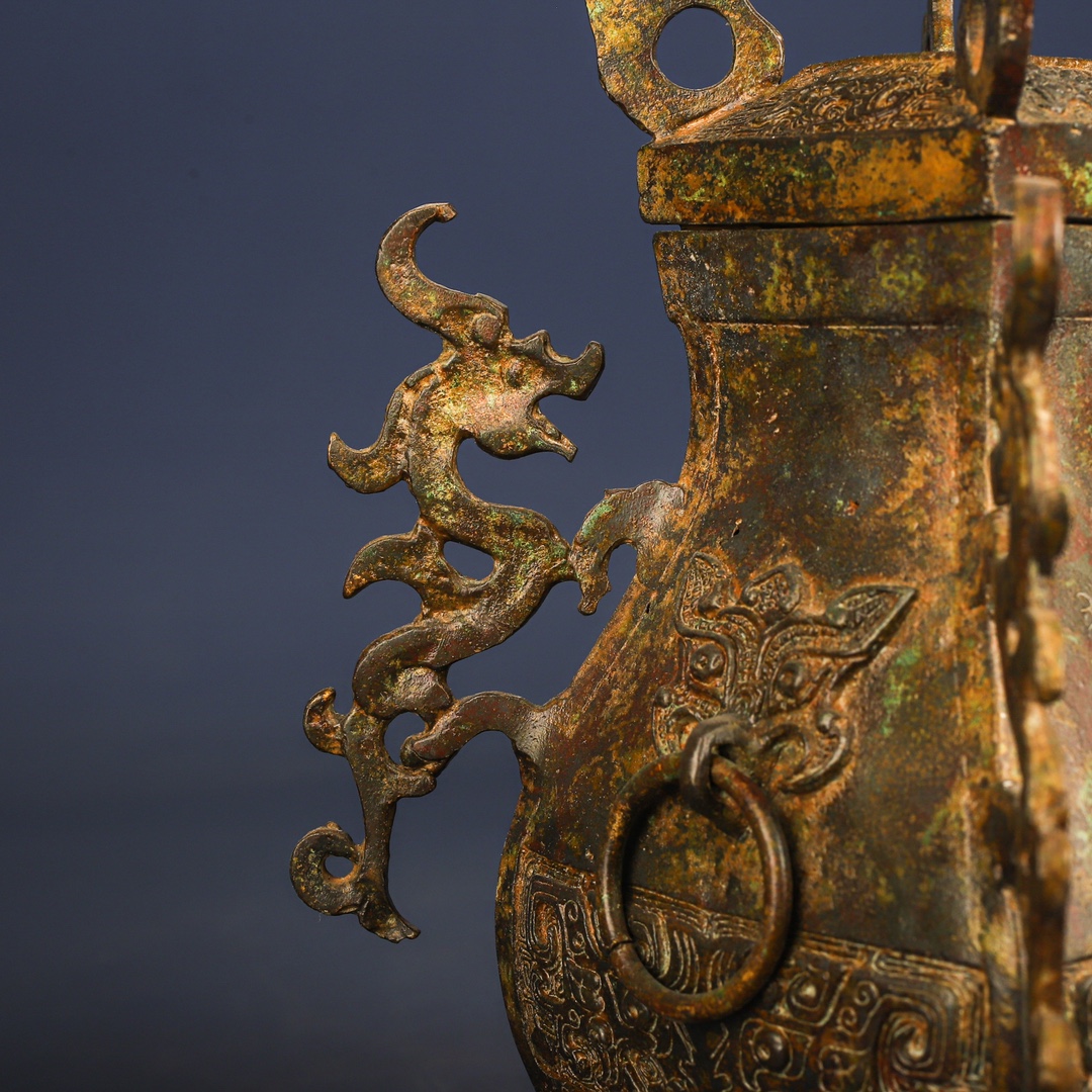 Han Dynasty Bronze square vase with four dragons inscription