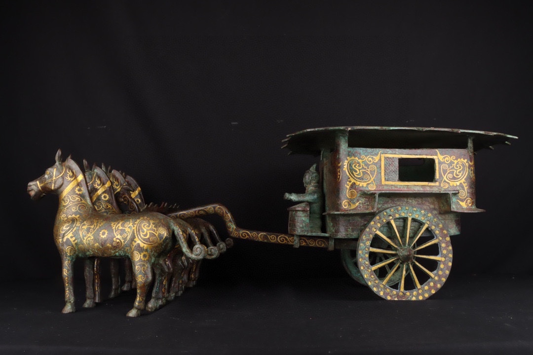 Han Dynasty Bronze and gold horse drawn cart