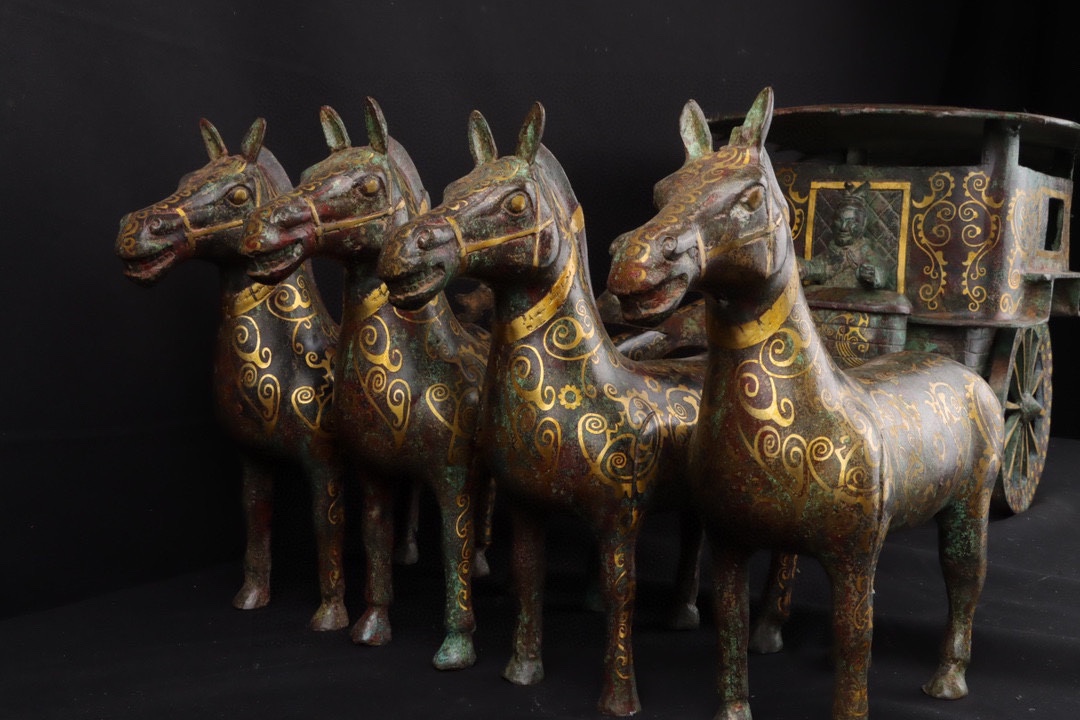 Han Dynasty Bronze and gold horse drawn cart