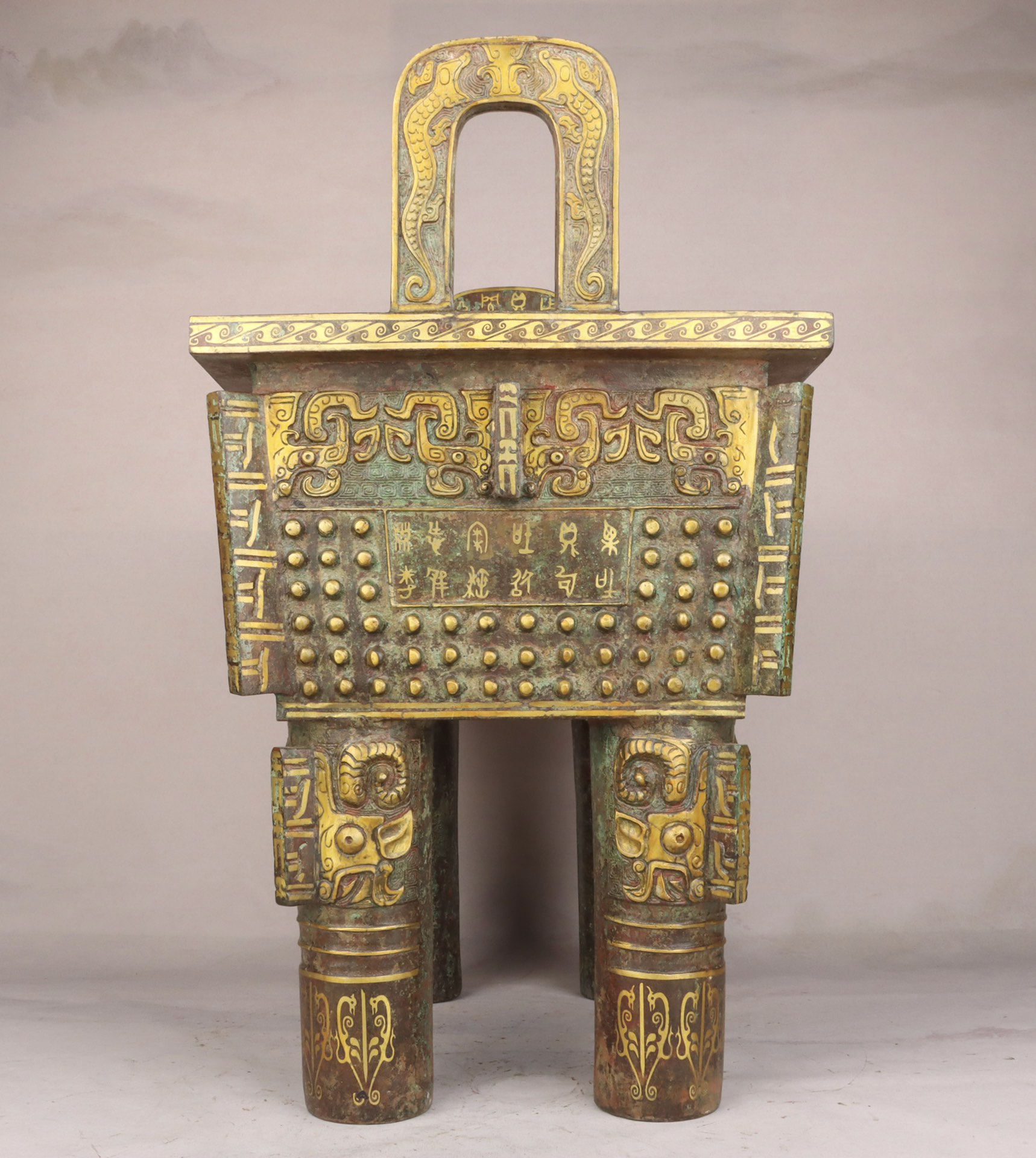 Zhou Dynasty Bronze and gold studded square tripod
