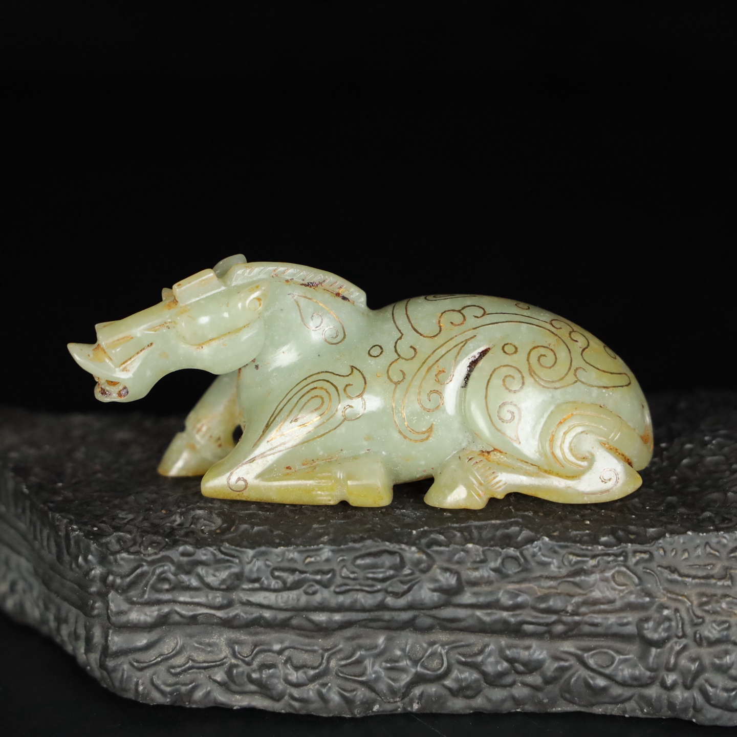 Chinese Natural Jade Carved Gold Horse