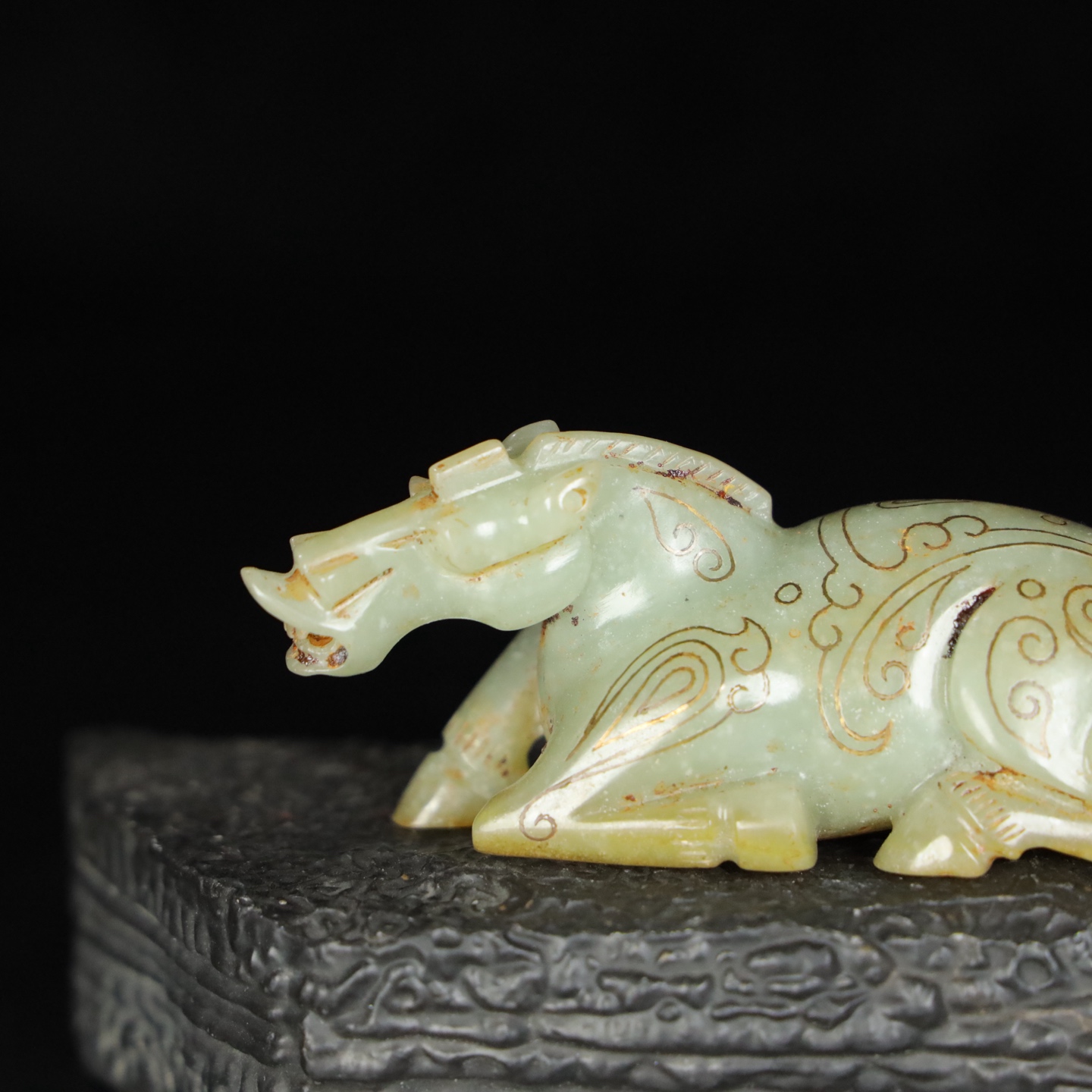 Chinese Natural Jade Carved Gold Horse