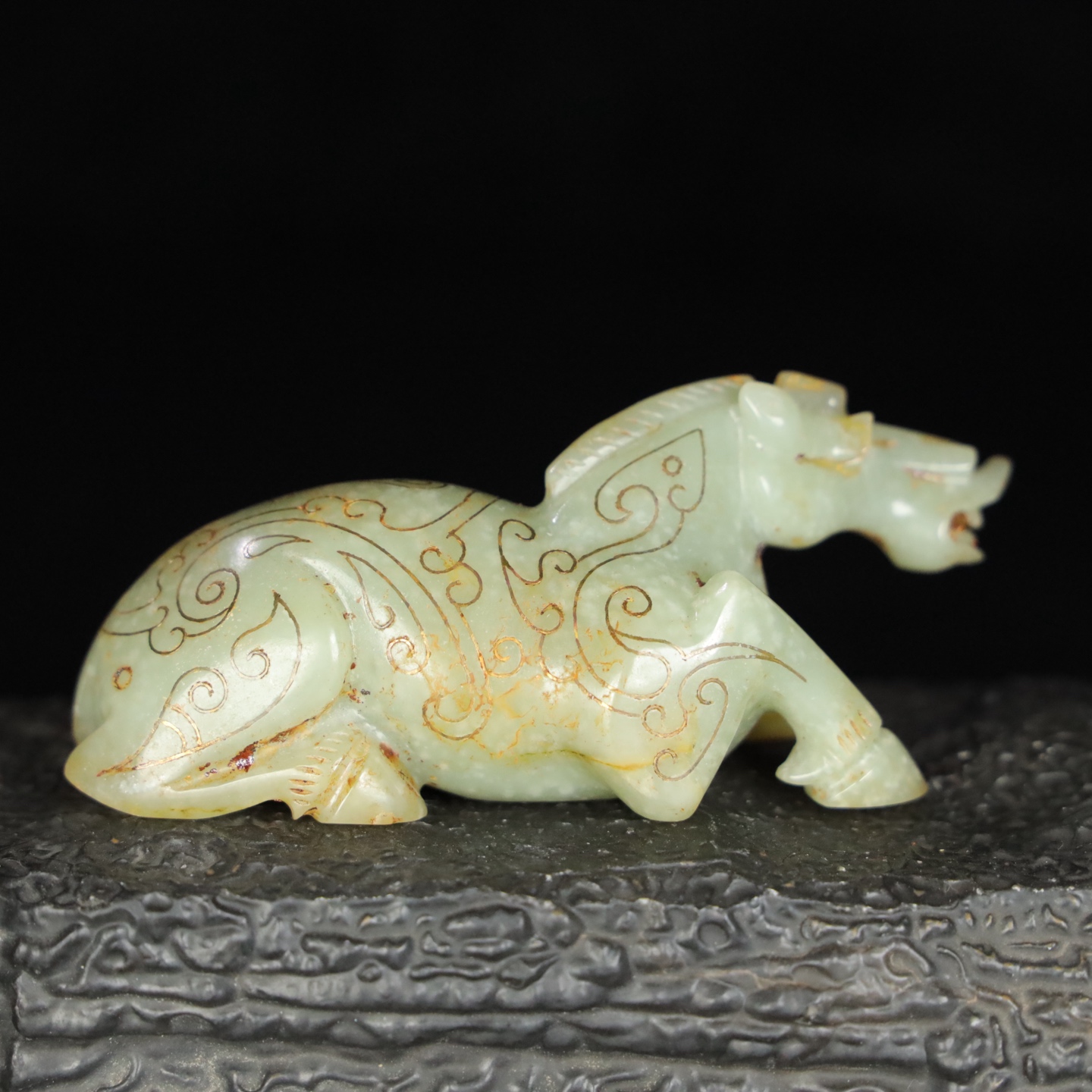 Chinese Natural Jade Carved Gold Horse