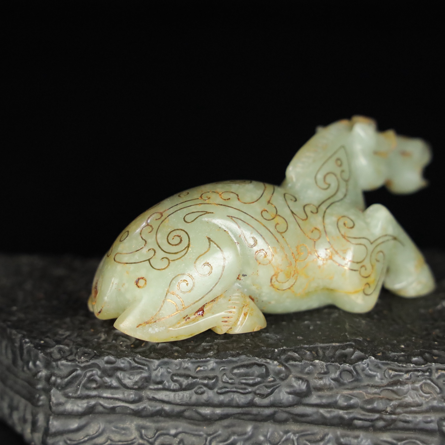 Chinese Natural Jade Carved Gold Horse