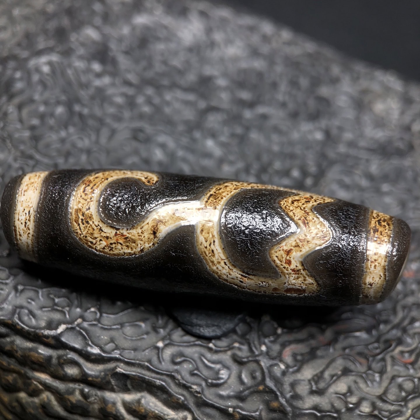 Chinese Natural Jade Carved Dzi bead
