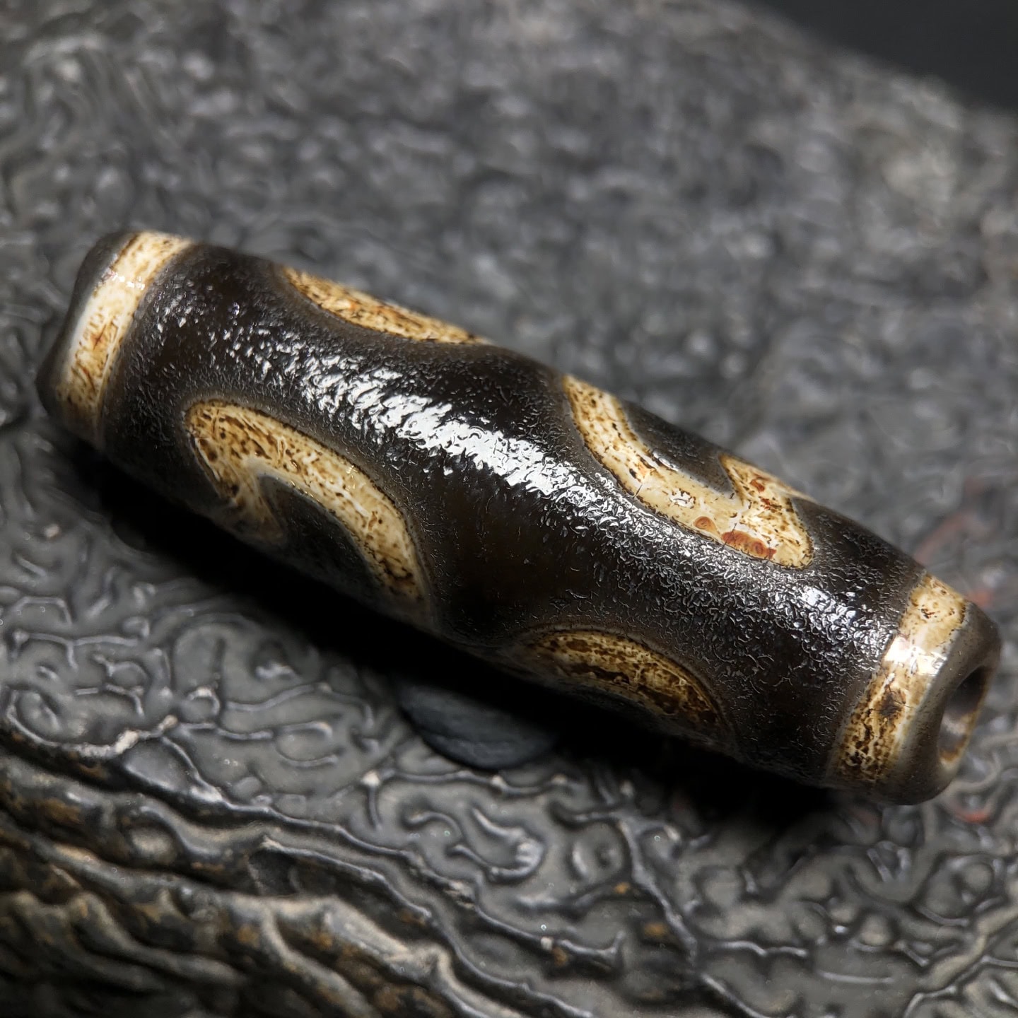 Chinese Natural Jade Carved Dzi bead