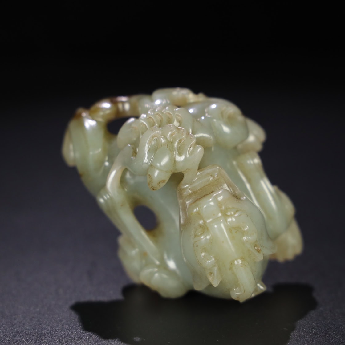 Chinese Natural Jade Carved Feathered Man and Beast