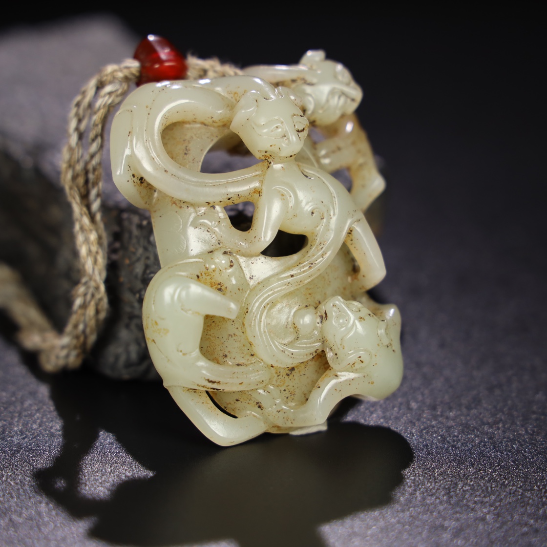 Chinese Natural Jade Carved Dragons Pendant