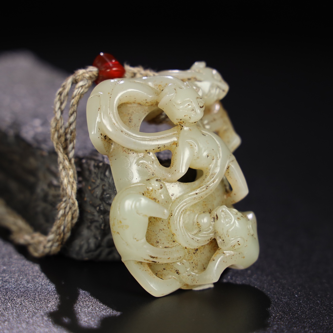 Chinese Natural Jade Carved Dragons Pendant