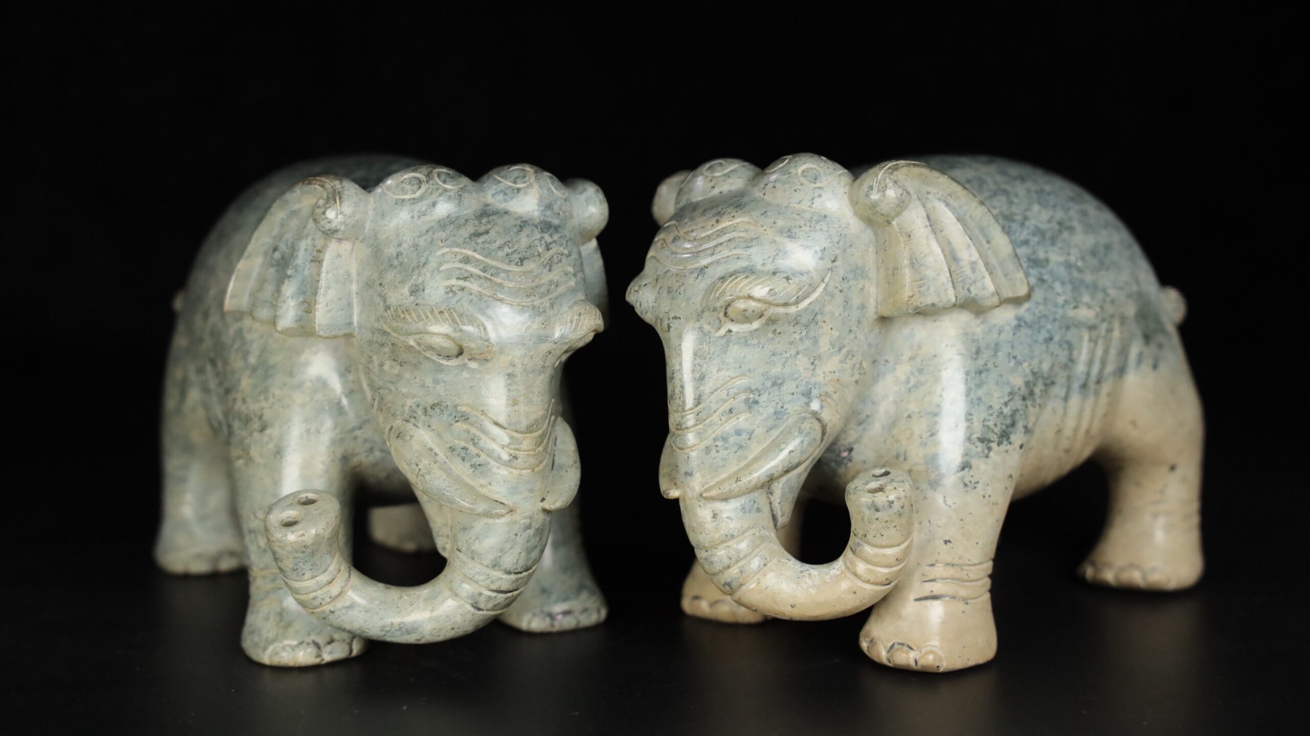 Chinese Natural Jade Carved Elephants