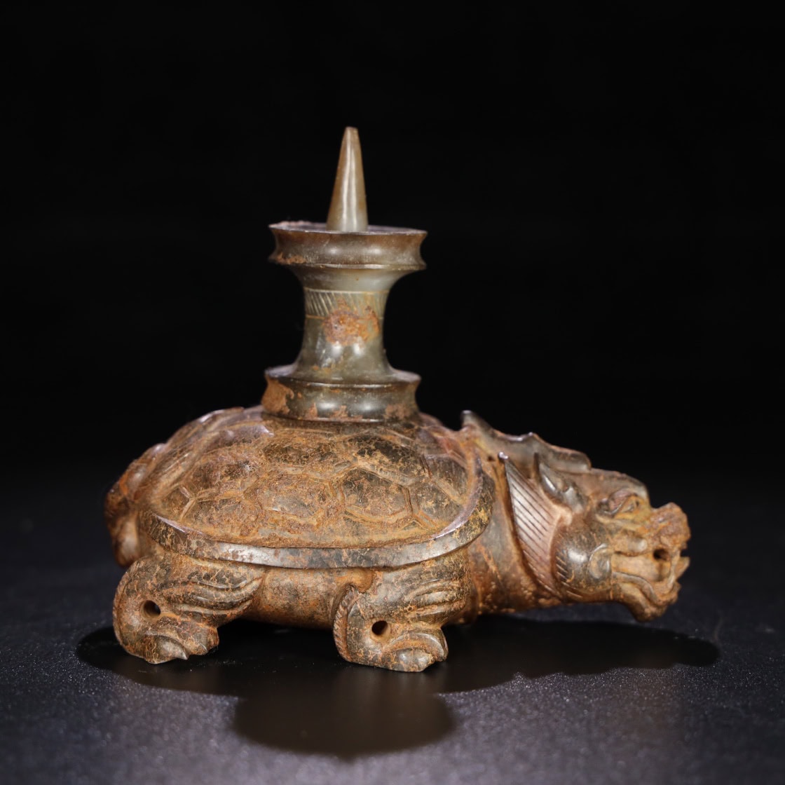 Chinese Natural Jade Carved Turtle Lampstand