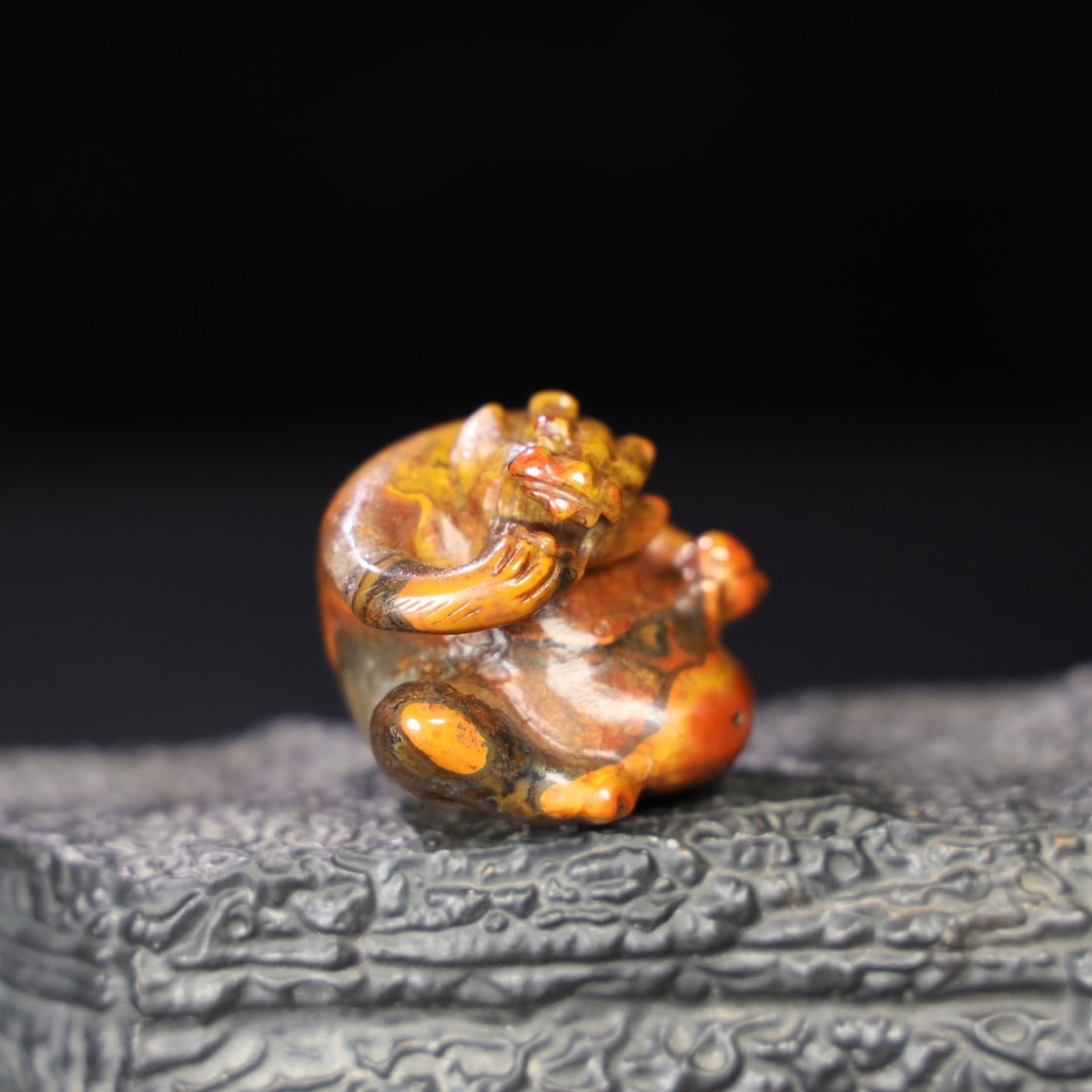 Chinese Natural Jade Carved Red Bear Handle