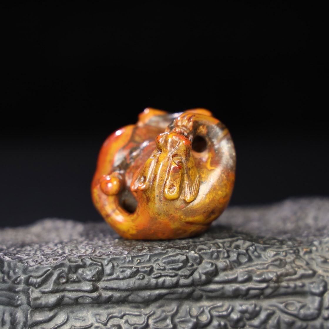 Chinese Natural Jade Carved Red Bear Handle