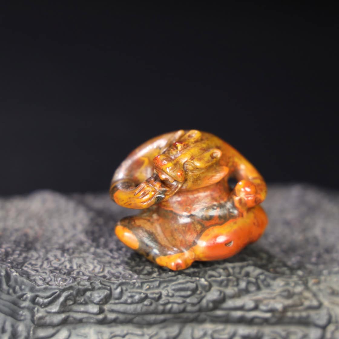 Chinese Natural Jade Carved Red Bear Handle