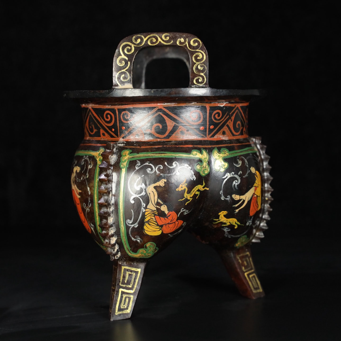 Chinese Natural Jade Carved gold-painted tripod