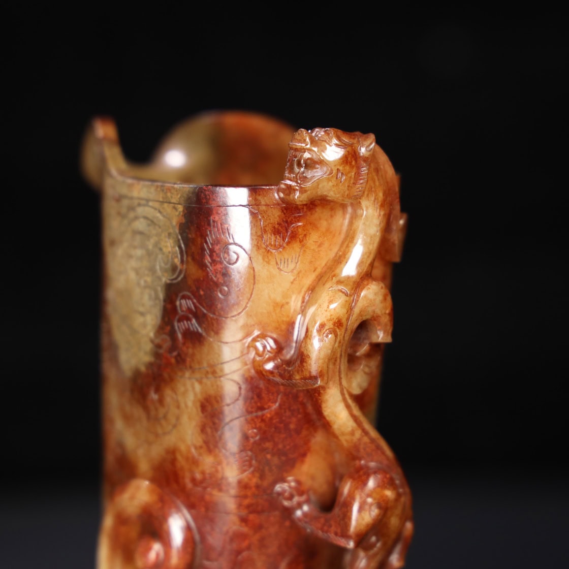 Chinese Natural Jade Carved Chi Longjue Cup