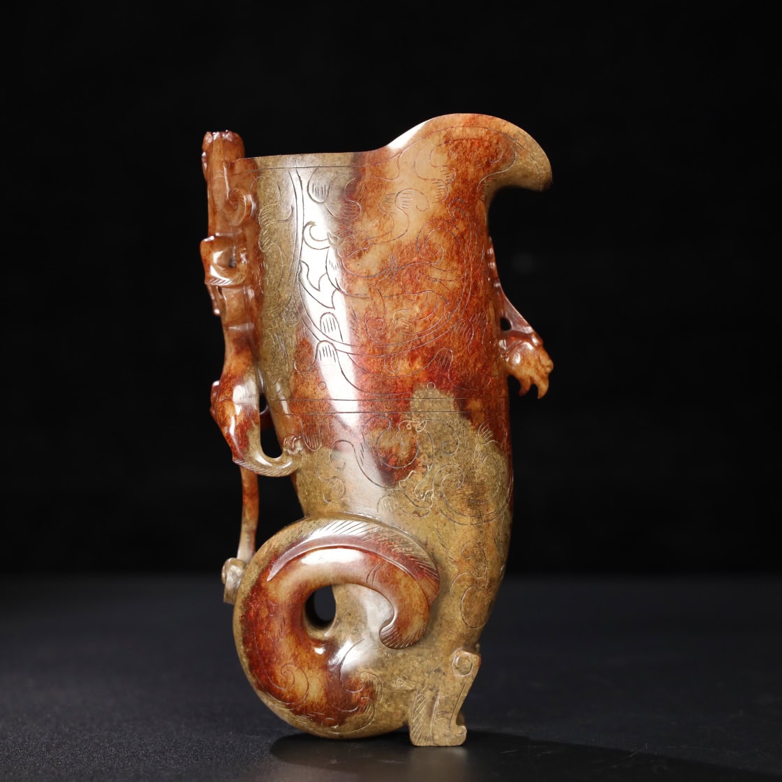 Chinese Natural Jade Carved Chi Longjue Cup