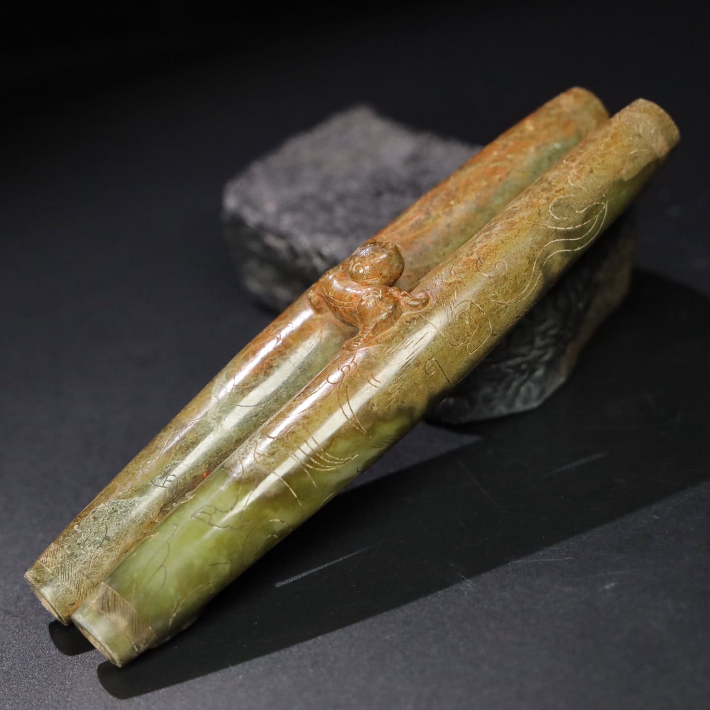 Chinese Natural Jade Carved Double tubes