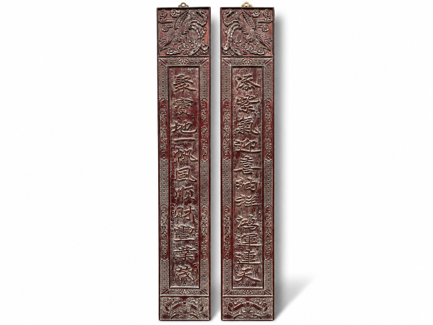 Qing Dynasty Red Sandalwood carved relief single-board couplets