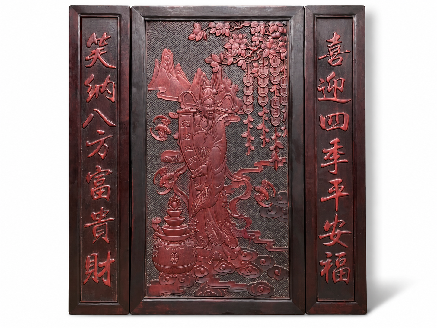 Qing Dynasty Rosewood Three-piece set fully carved and embossed single-board nave