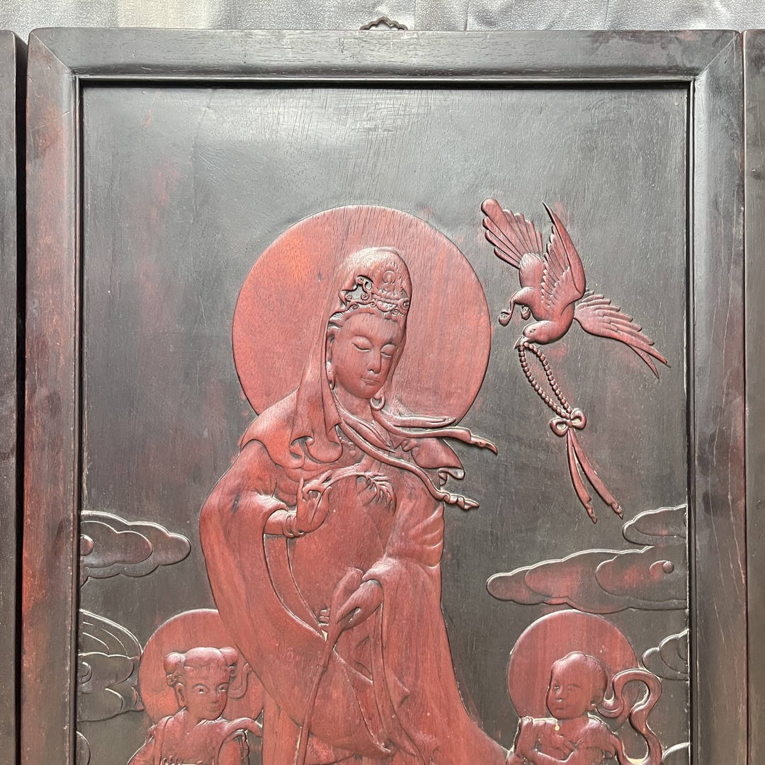 Qing Dynasty Rosewood Three-piece set fully carved relief single-panel nave Bodhisattva