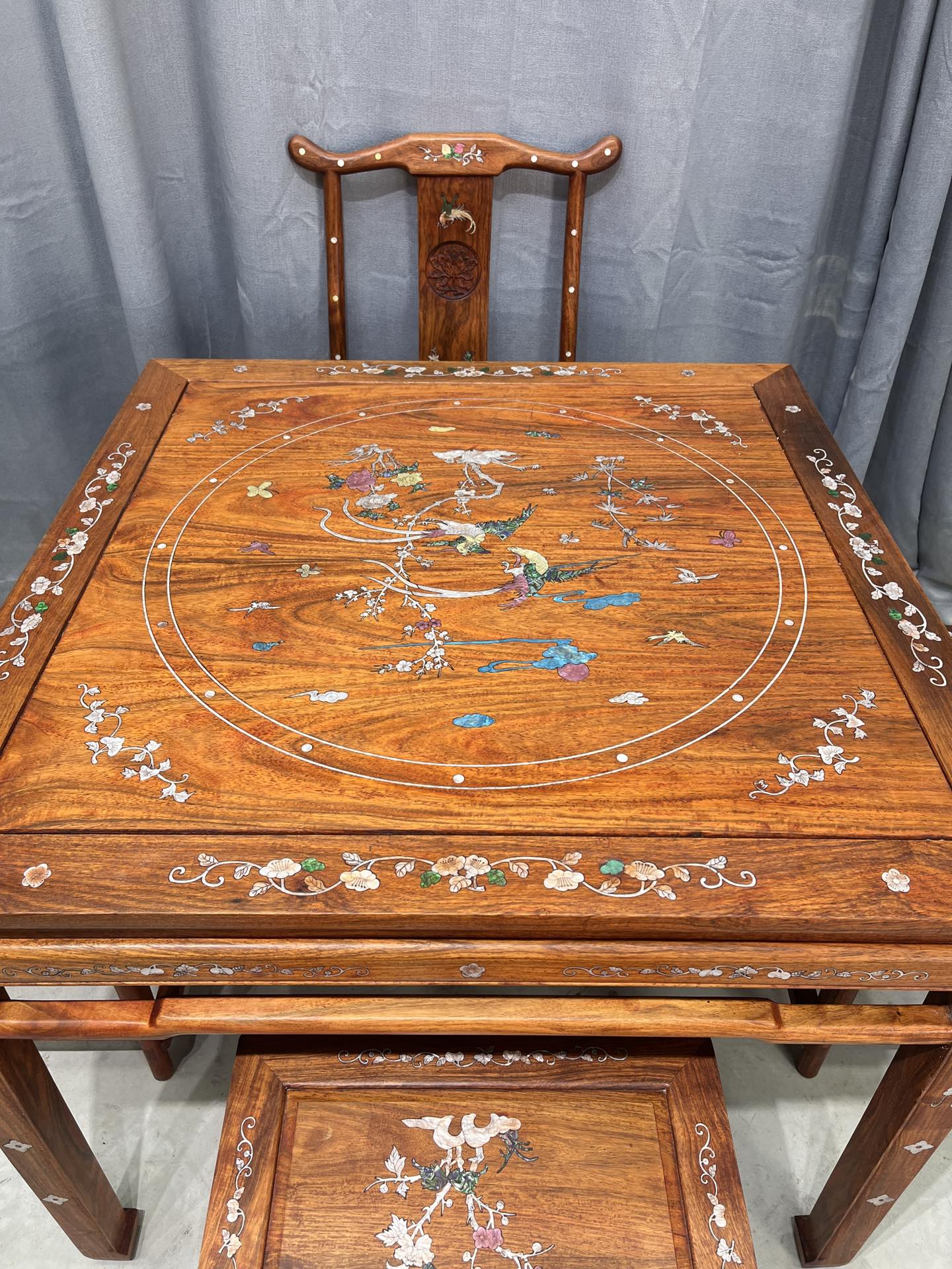 Qing Dynasty Rosewood Five-piece inlaid shell dining Tables and chair set