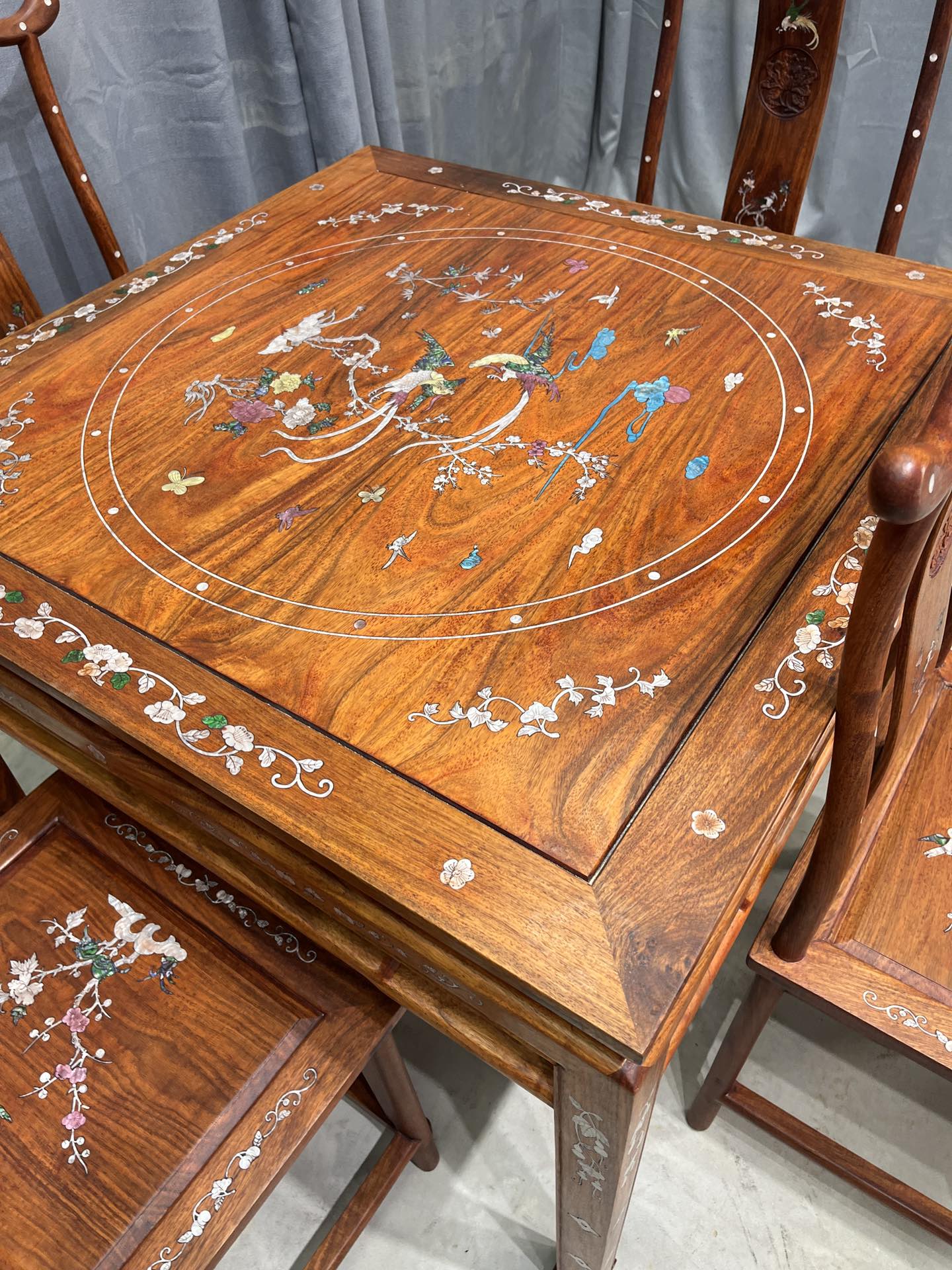 Qing Dynasty Rosewood Five-piece inlaid shell dining Tables and chair set