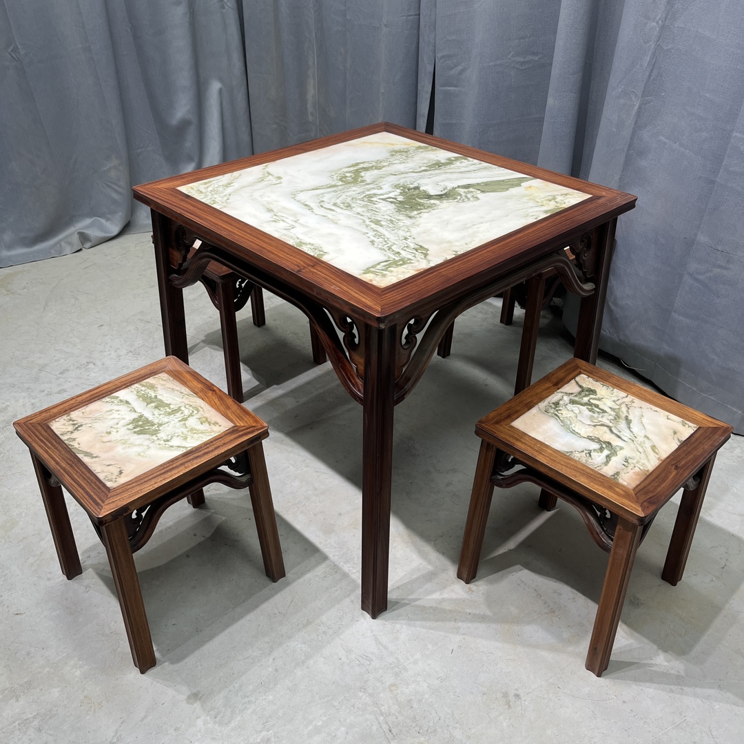 Qing Dynasty Rosewood inlaid marble square Tables and stool