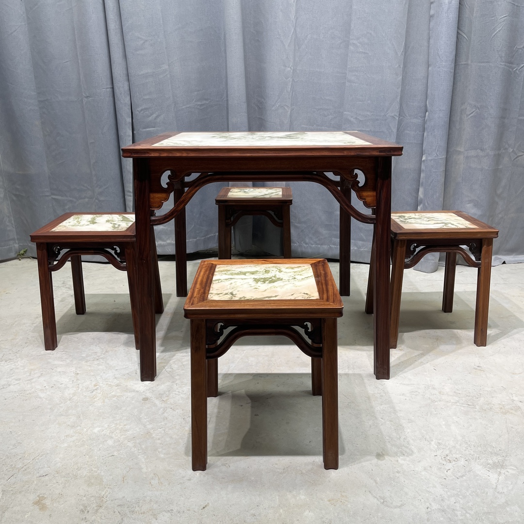 Qing Dynasty Rosewood inlaid marble square Tables and stool