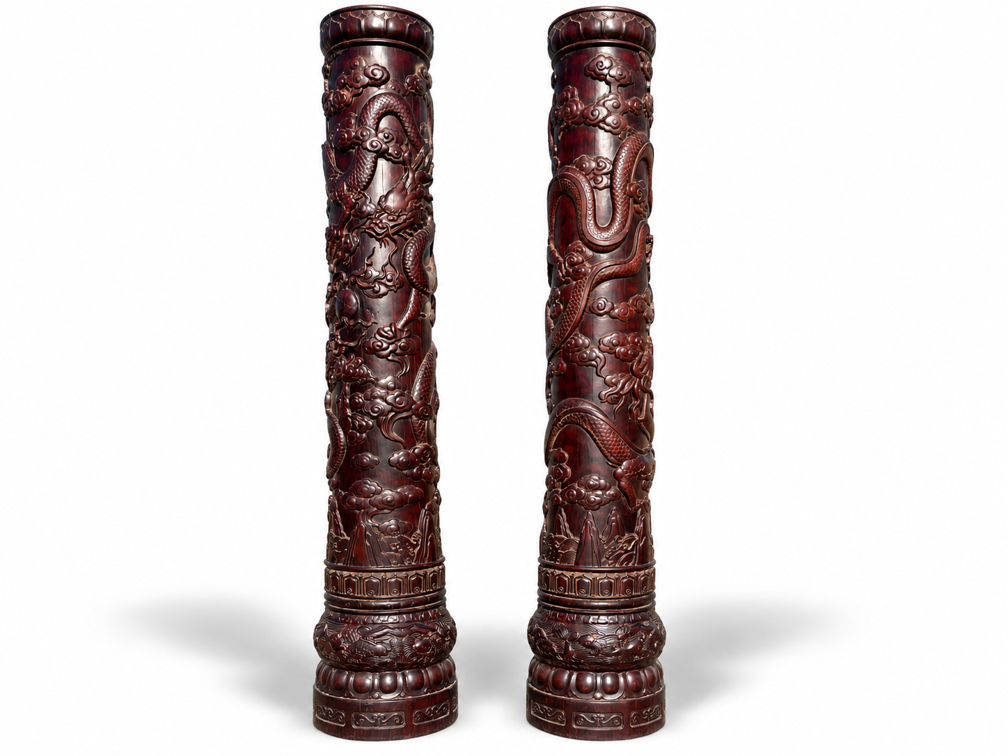 Qing Dynasty Rosewood two dragons playing with beads feng shui pillars