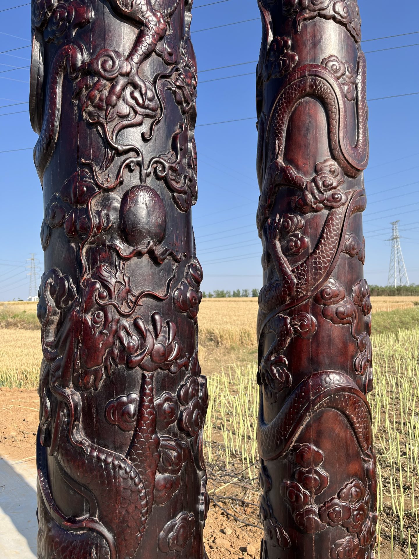 Qing Dynasty Rosewood two dragons playing with beads feng shui pillars