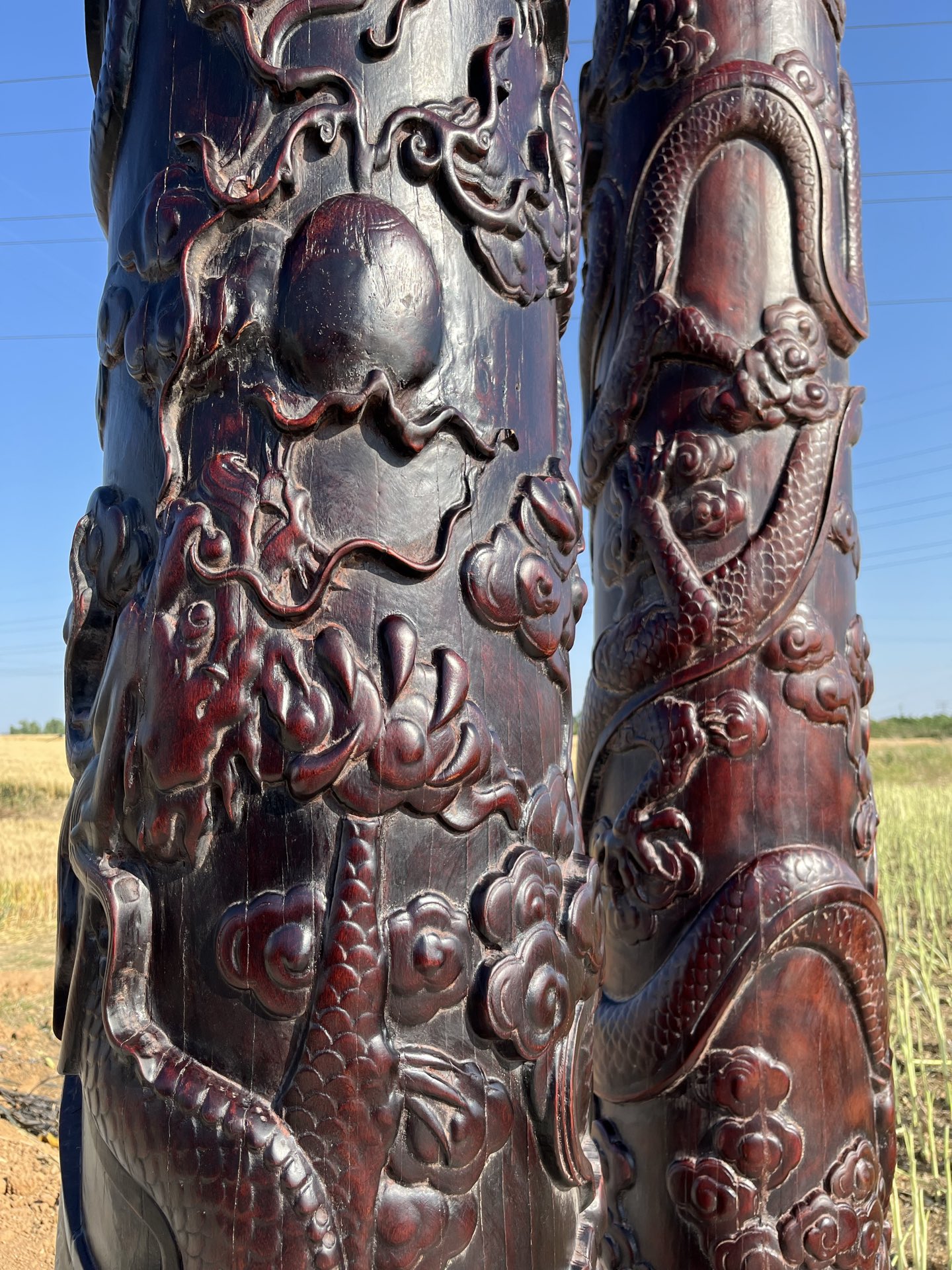 Qing Dynasty Rosewood two dragons playing with beads feng shui pillars