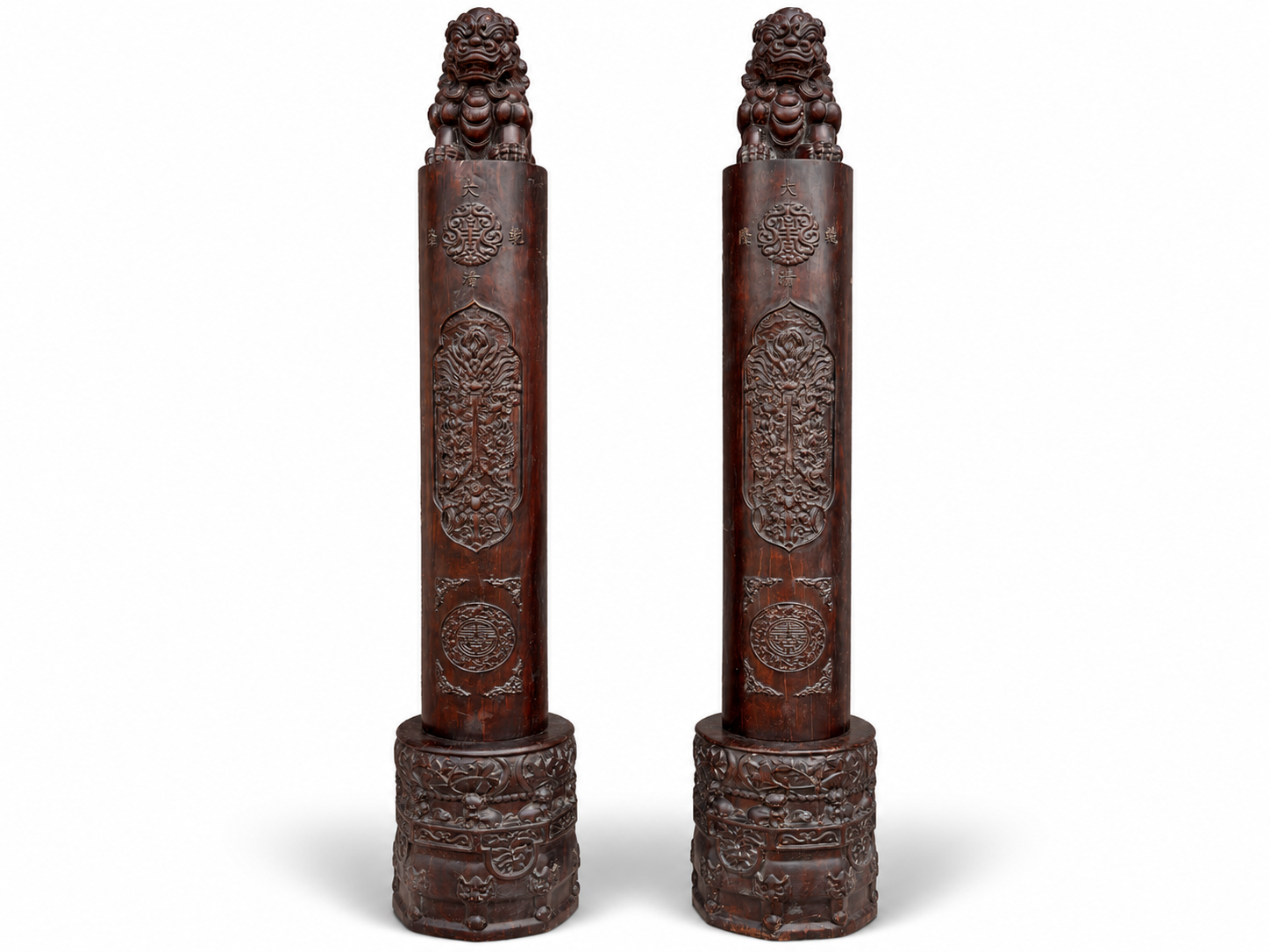 Qing Dynasty Sandalwood pair hand-carved lion head pillars