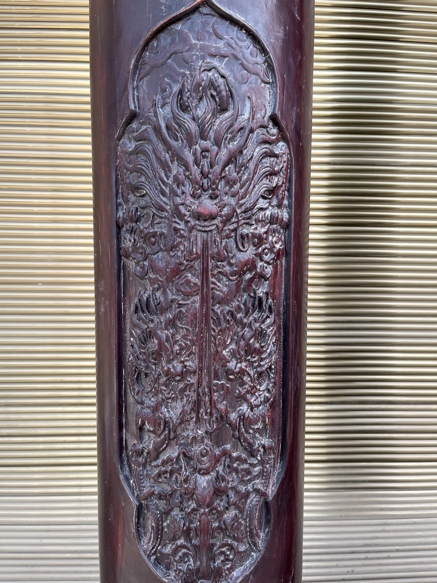 Qing Dynasty Sandalwood pair hand-carved lion head pillars