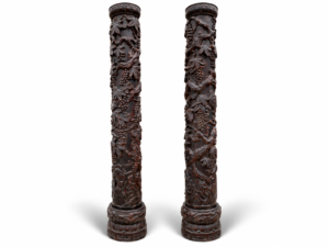 Qing Dynasty Sandalwood high-relief sculptures rising steadily pair pillars
