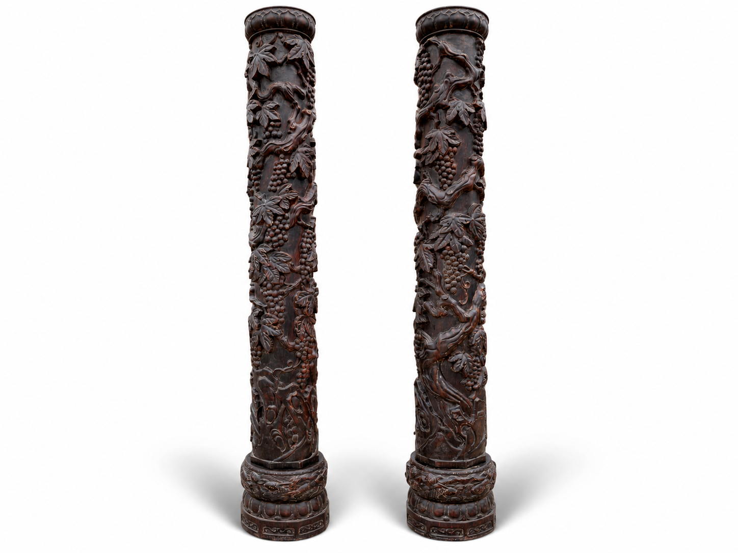 Qing Dynasty Sandalwood high-relief sculptures rising steadily pair pillars