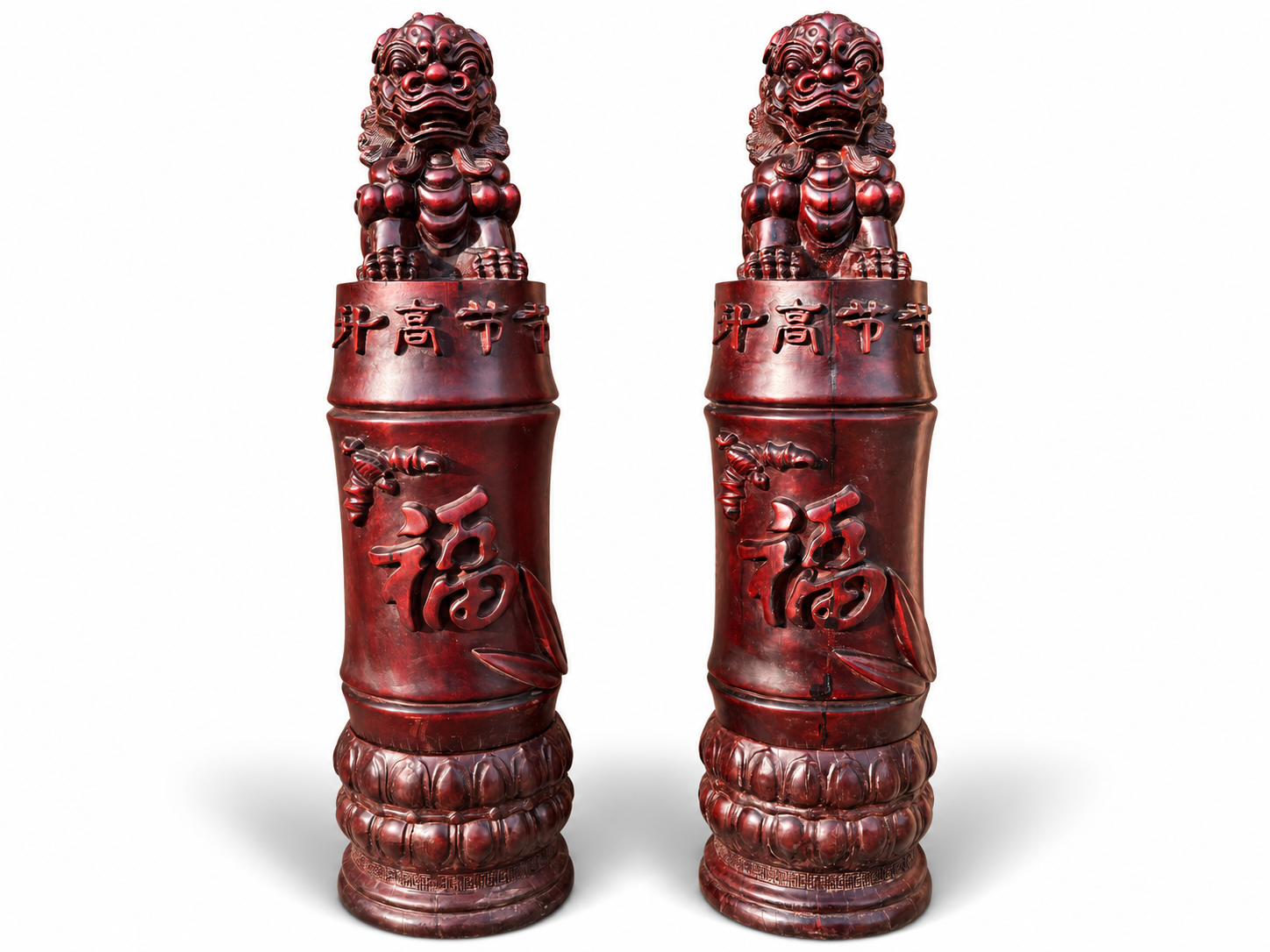 Qing Dynasty Sandalwood High-Relief Carved Feng Shui Featuring Lions Pair pillars