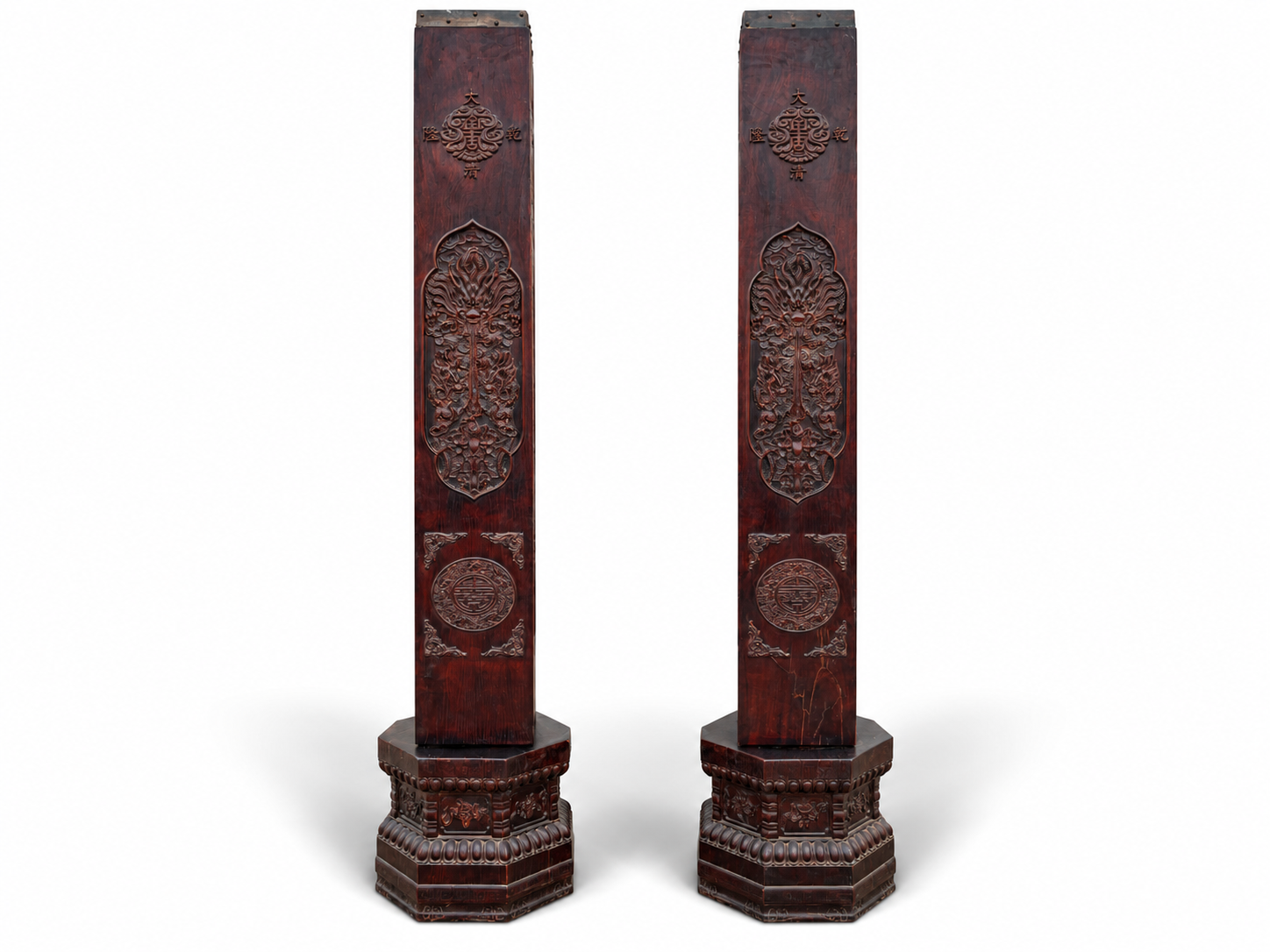 Qing Dynasty Sandalwood octagonal hand-carved pillars