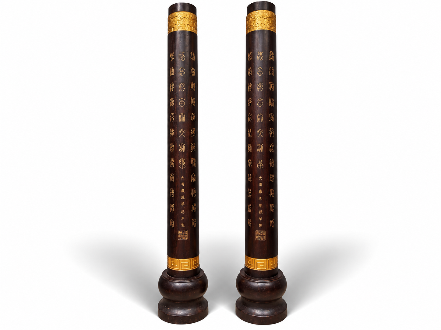 Qing Dynasty Sandalwood clouds and gold-painted hundred blessing pair pillars