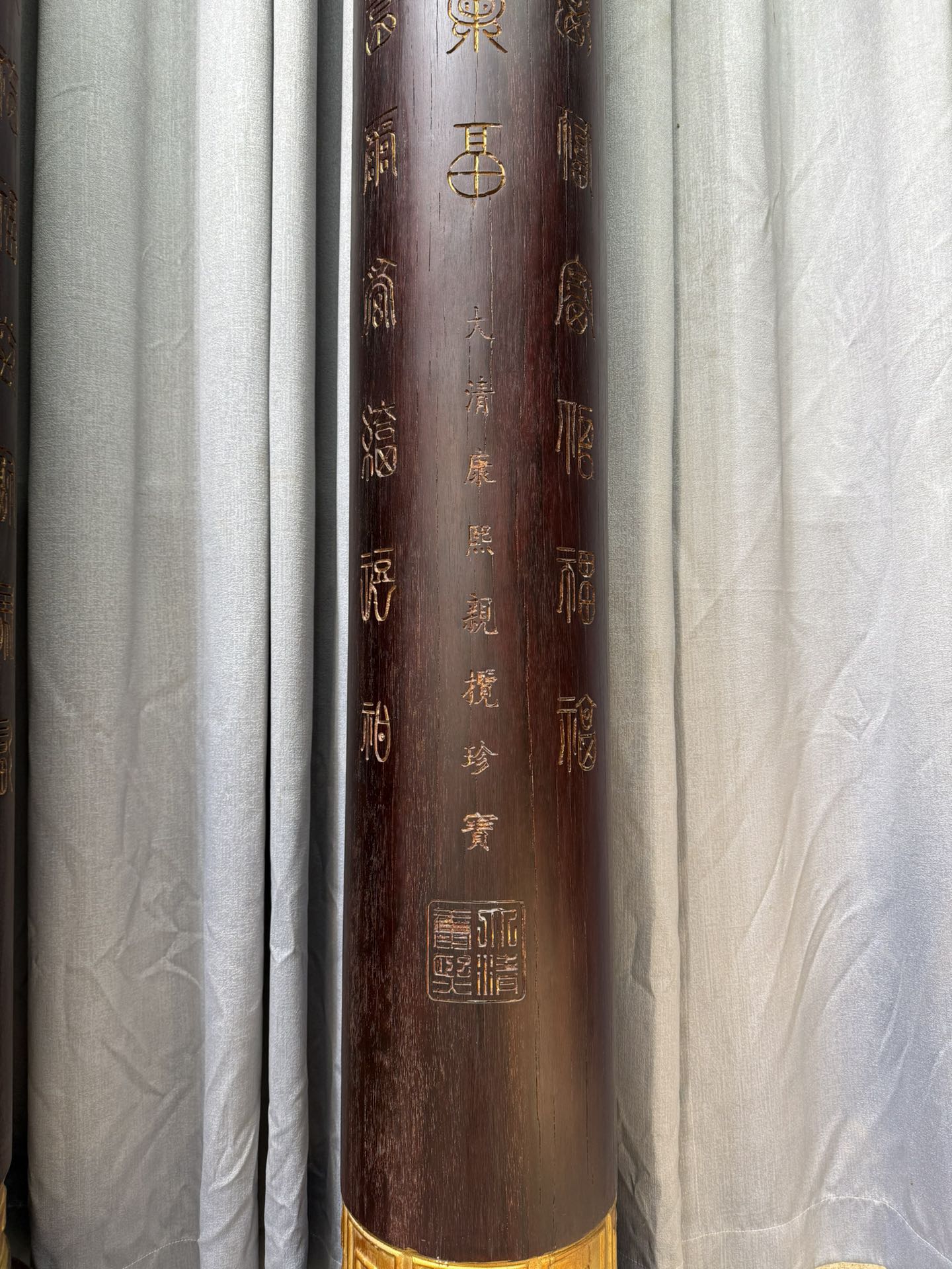 Qing Dynasty Sandalwood clouds and gold-painted hundred blessing pair pillars