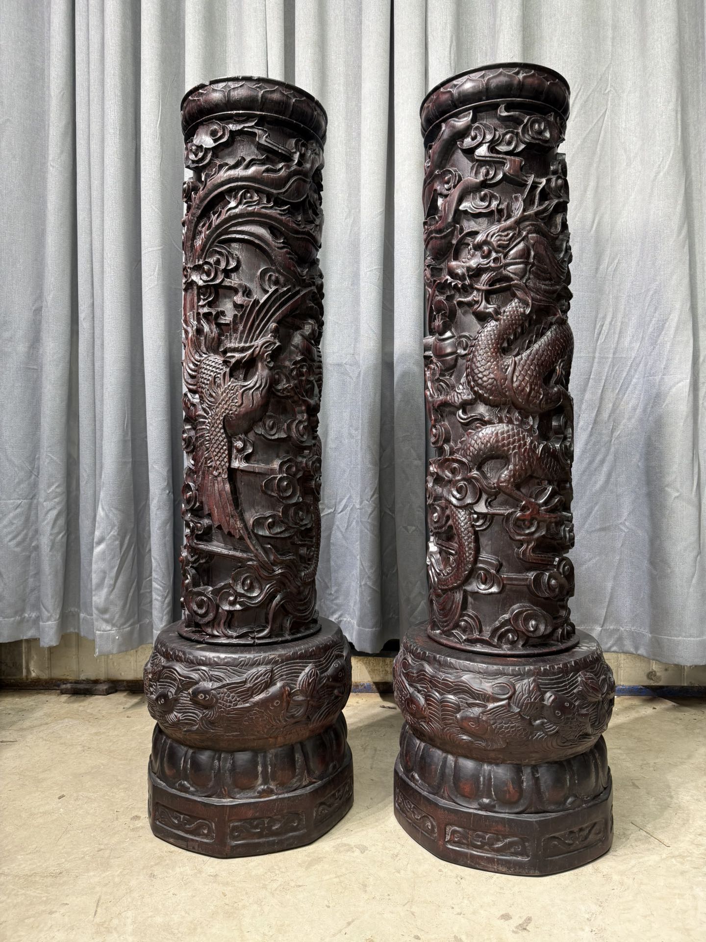 Qing Dynasty Rosewood carving dragon and phoenix pattern Feng Shui pillar