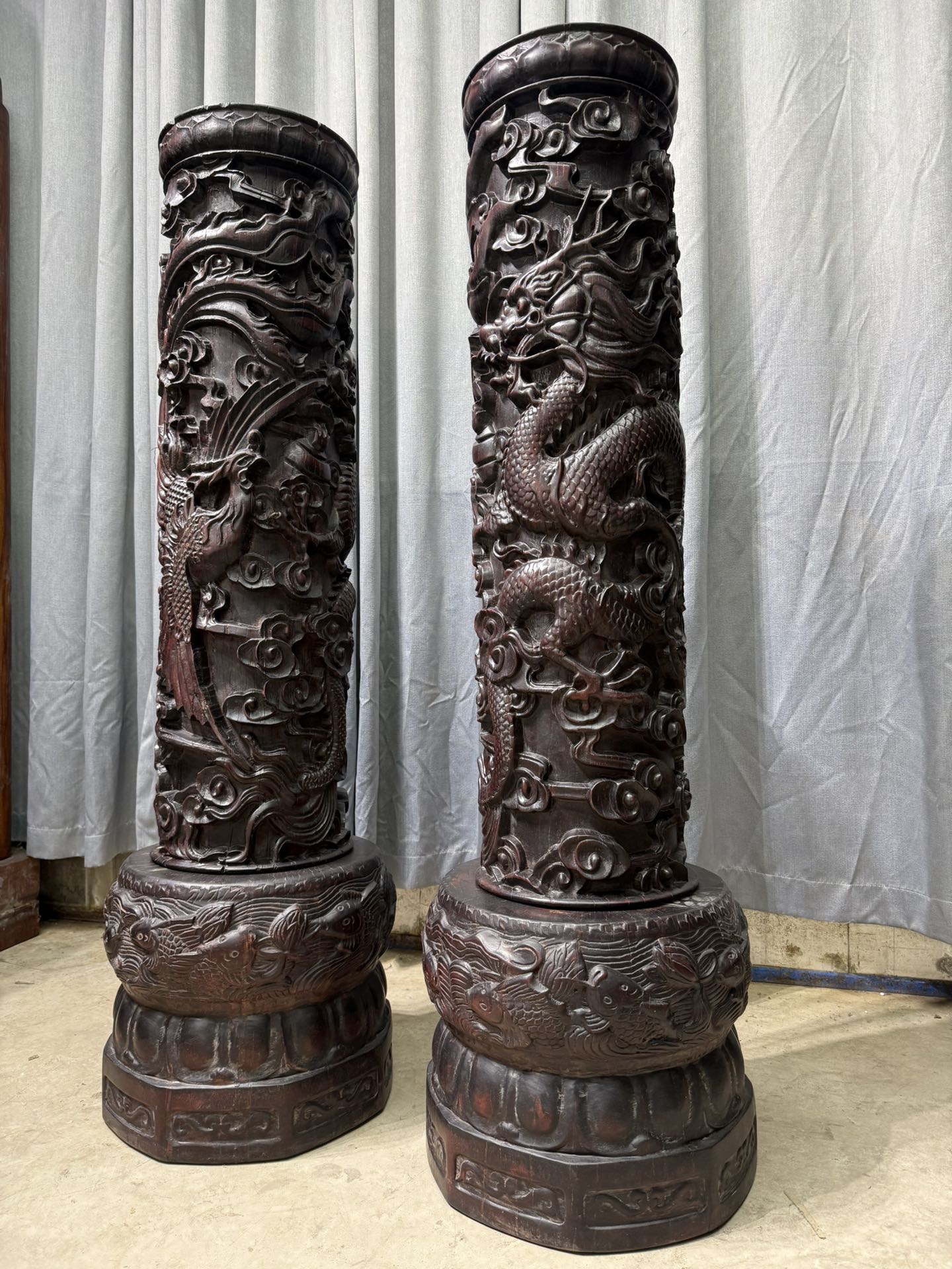 Qing Dynasty Rosewood carving dragon and phoenix pattern Feng Shui pillar