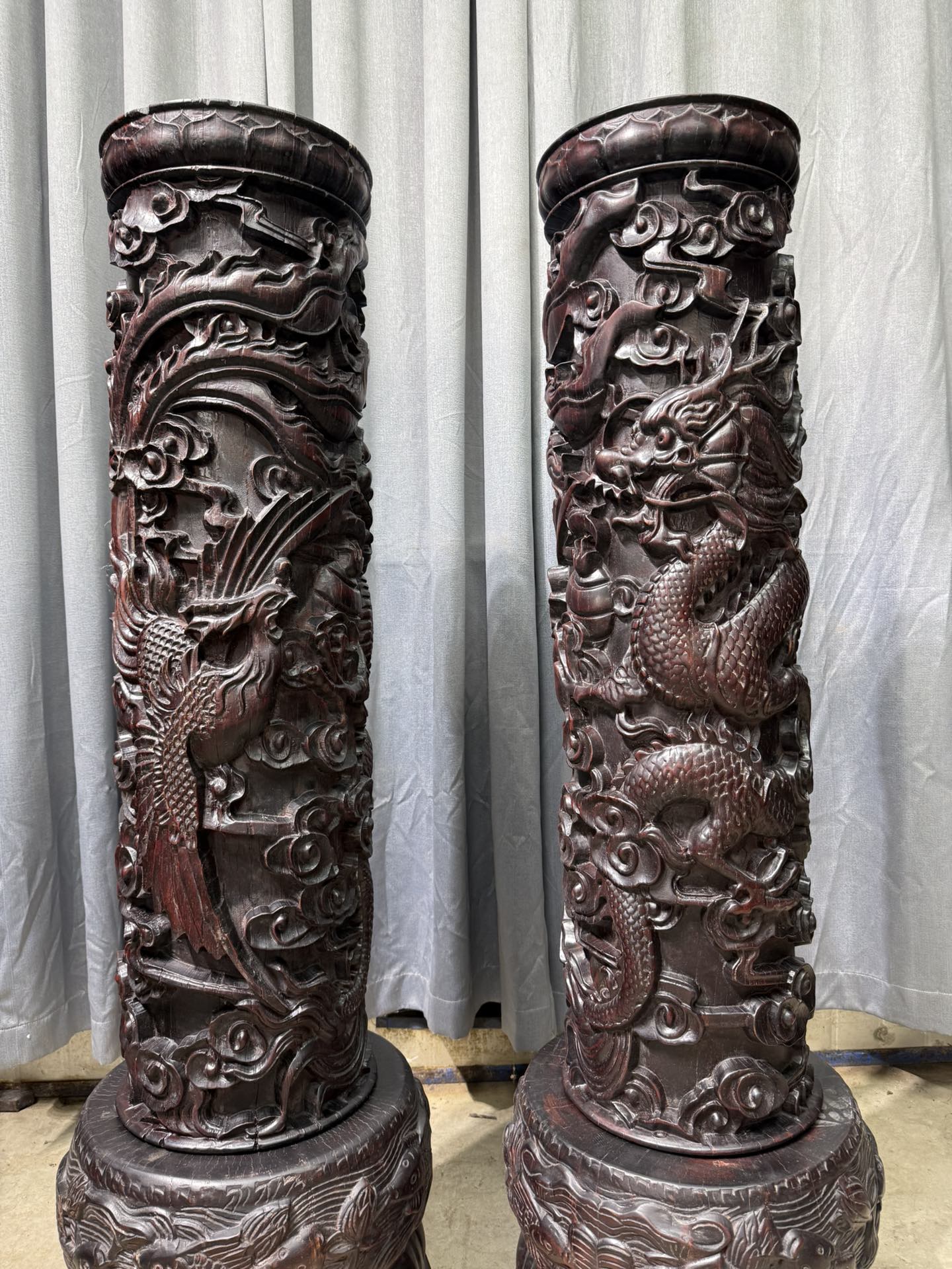 Qing Dynasty Rosewood carving dragon and phoenix pattern Feng Shui pillar
