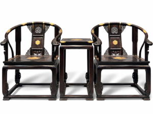 Qing Dynasty Sandalwood hand-carved clad copper Three-piece Chair and Tables set